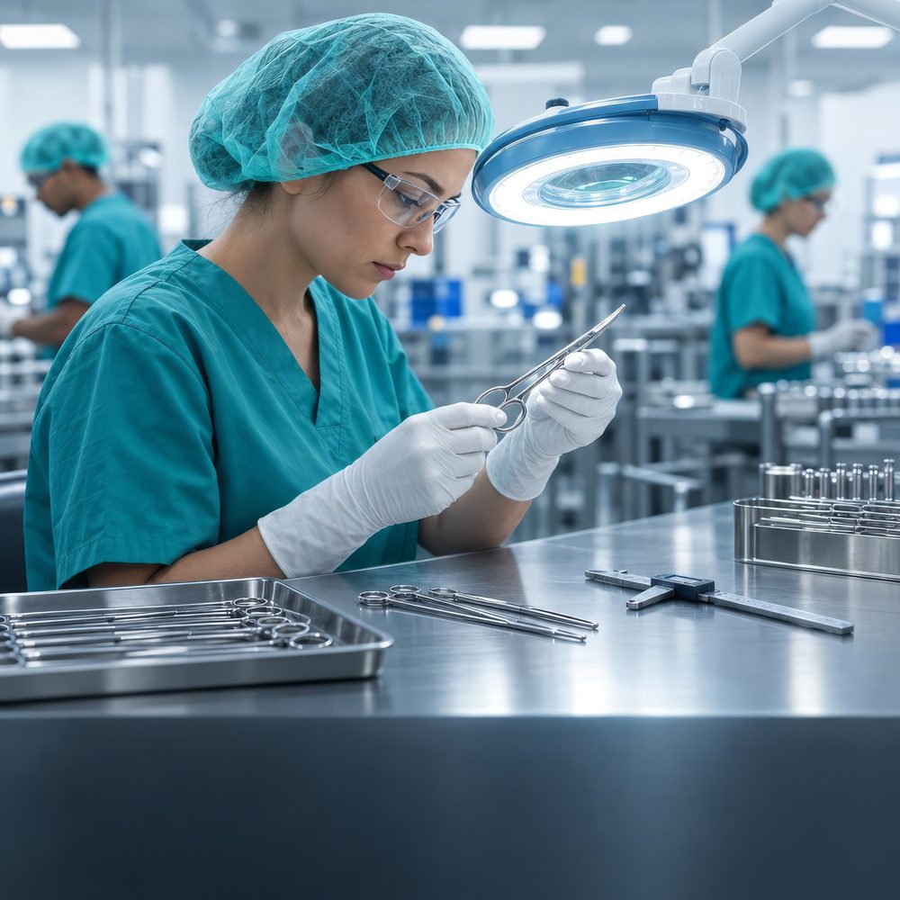 A technician inspecting a surgical instrument on a manufacturing floor