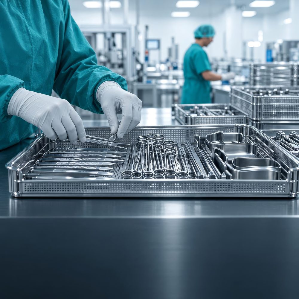 Surgical instruments laid out in a sterilization tray