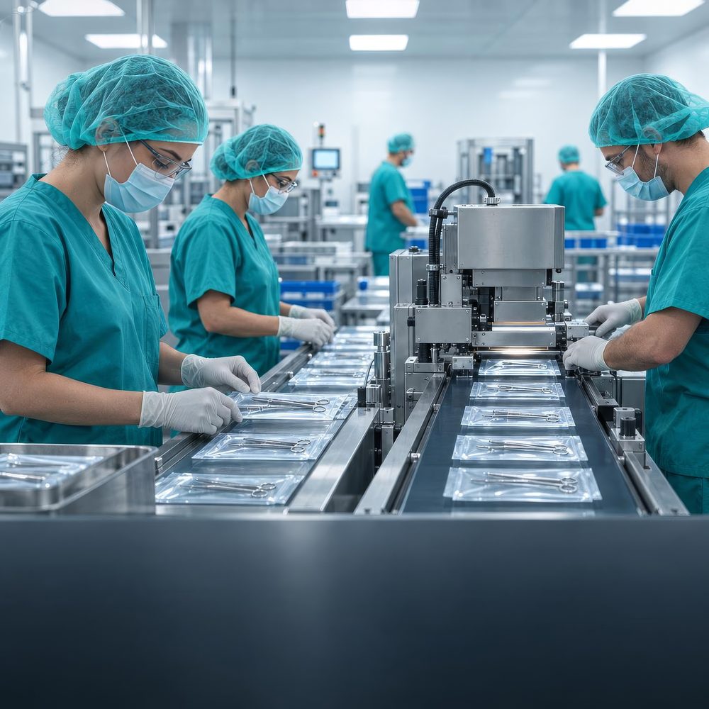 Finished medical devices moving down a packaging line